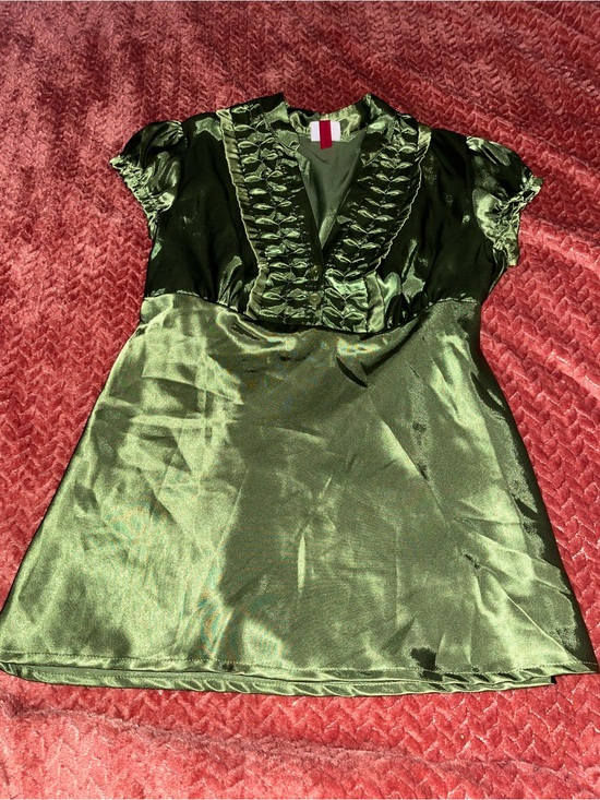 HeartSoul Tops - HeartSoul Satin Olive Green Ruffle V-Neck Blouse. Size S